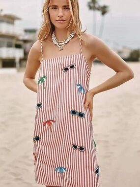 Celandine Cotton Embroidered Poplin Square-Neck Mini Shift Dress Red White Small
